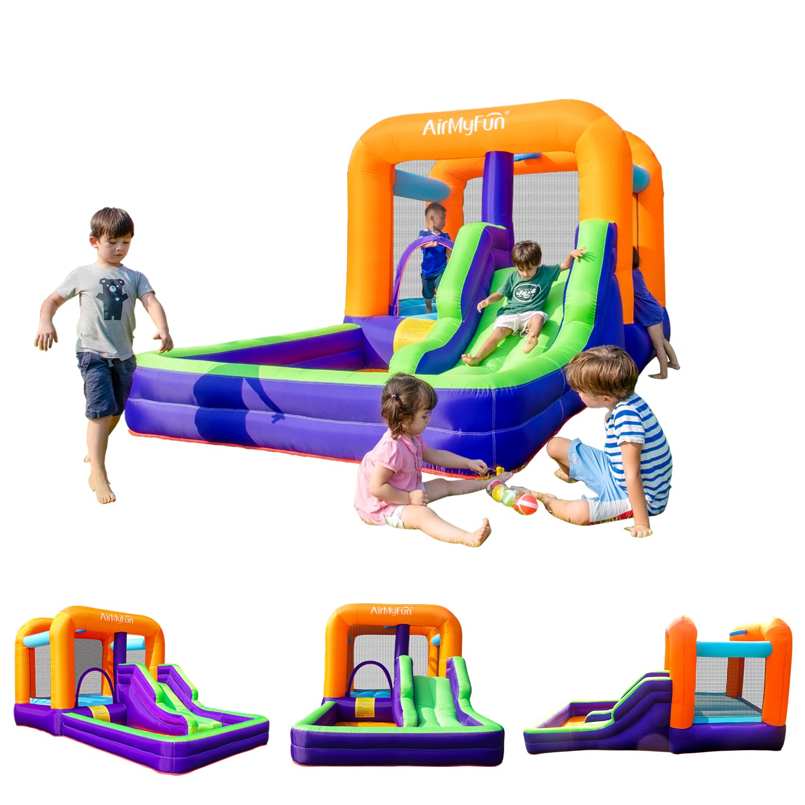 AirMyFun Inflatable Bounce House, Obstacles Bouncer & Slide with Air Blower (Purple Style)