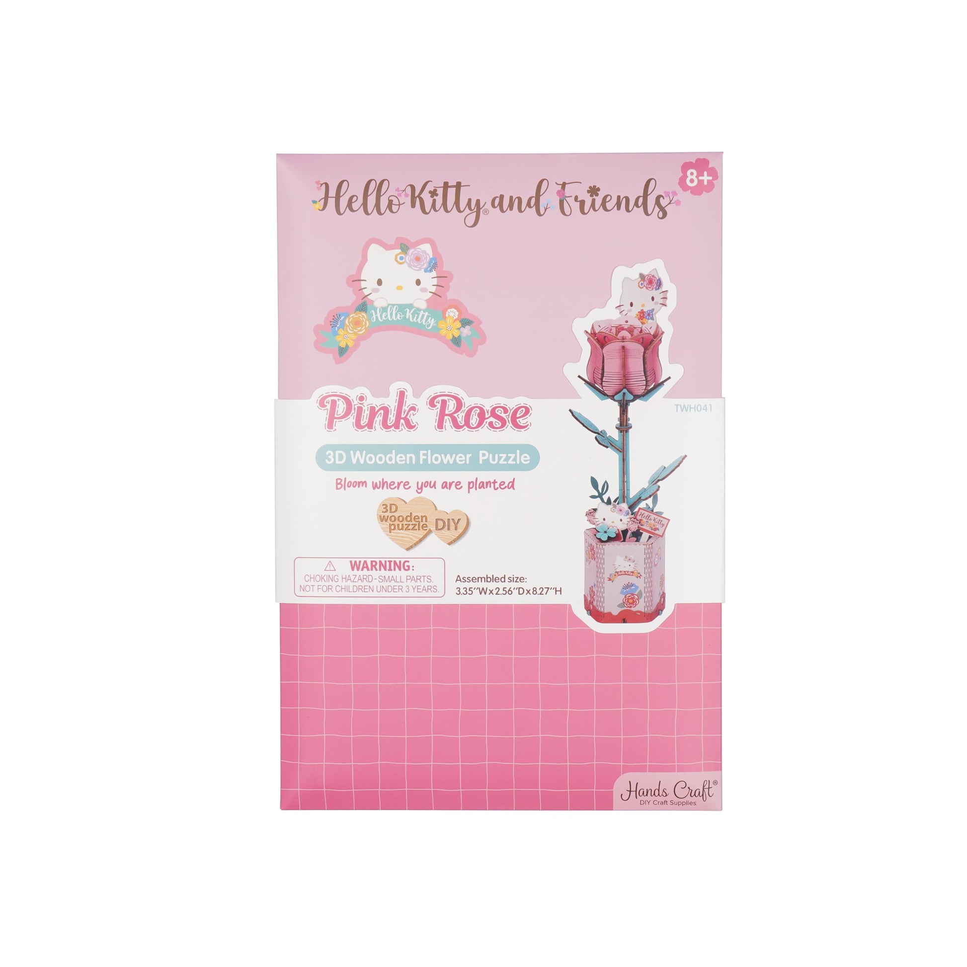 Hands Craft Hello Kitty and Friends Pink Rose 3D Wooden Puzzle Kit | DIY Flower Model | Arts & Crafts for Adults & Kids | Creative Hobby Kits | Hello