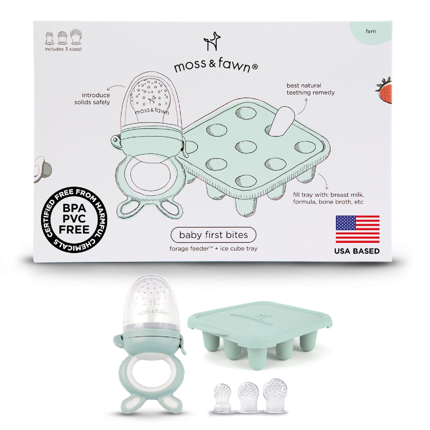 Moss and Fawn Baby's First Bites Bundle - Silicone Frozen Breast Milk Popsicle Kit with Forage Feeder & Teething Popsicle Ice Cube Tray - BPA, PVC
