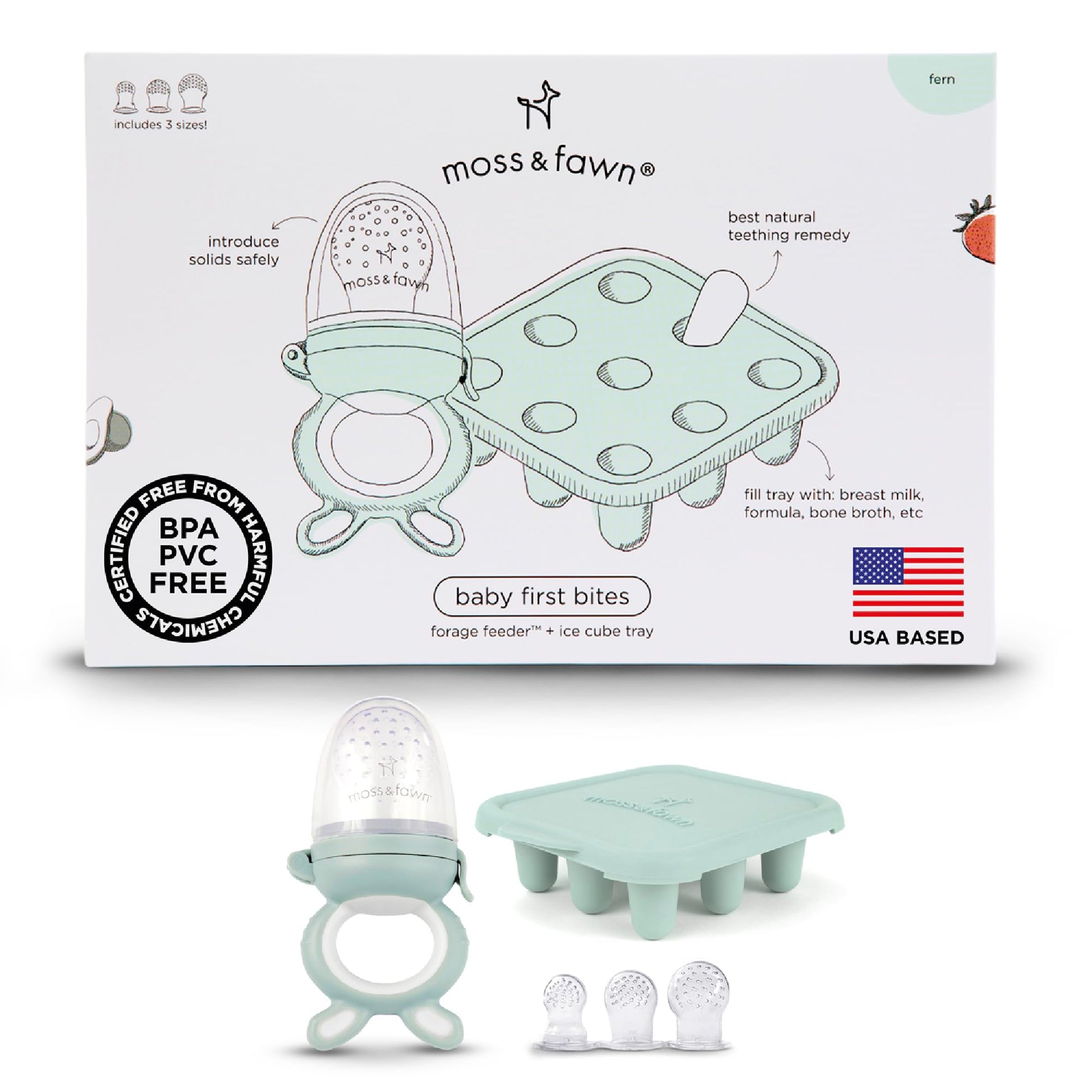 Moss and Fawn Baby's First Bites Bundle - Silicone Frozen Breast Milk Popsicle Kit with Forage Feeder & Teething Popsicle Ice Cube Tray - BPA, PVC
