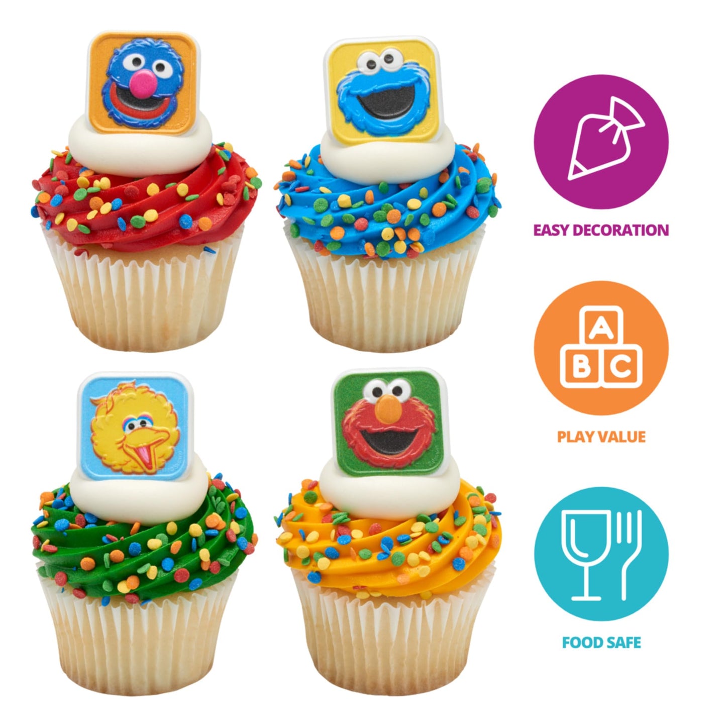 Sesame Street Rings, 24 Cupcake Toppers Featuring Elmo, Big Bird, Cookie Monster, Grover, Bright Colorful Cupcake Decorations, Food Safe - 24 Pack