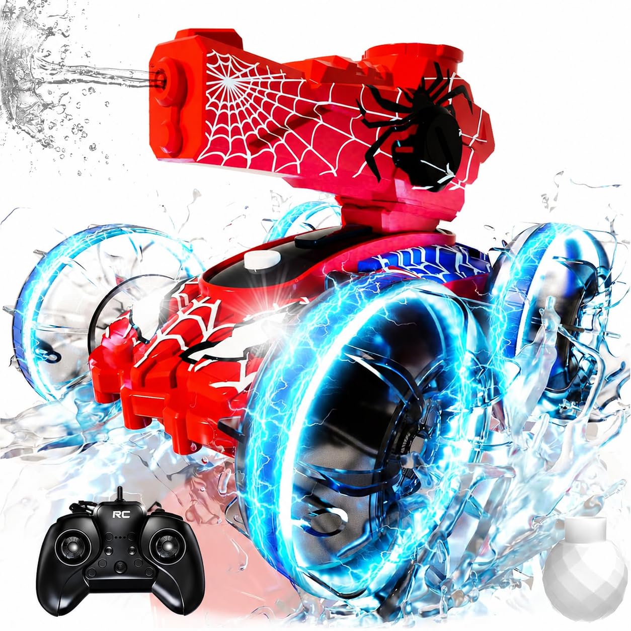 Spider Amphibious Remote Control Car for Boys Kids - 4WD Waterproof 2.4 GHz 360°Rotation RC Stunt Car - Water and Land Pool Toys Cars for 4 5 6 7 8 9