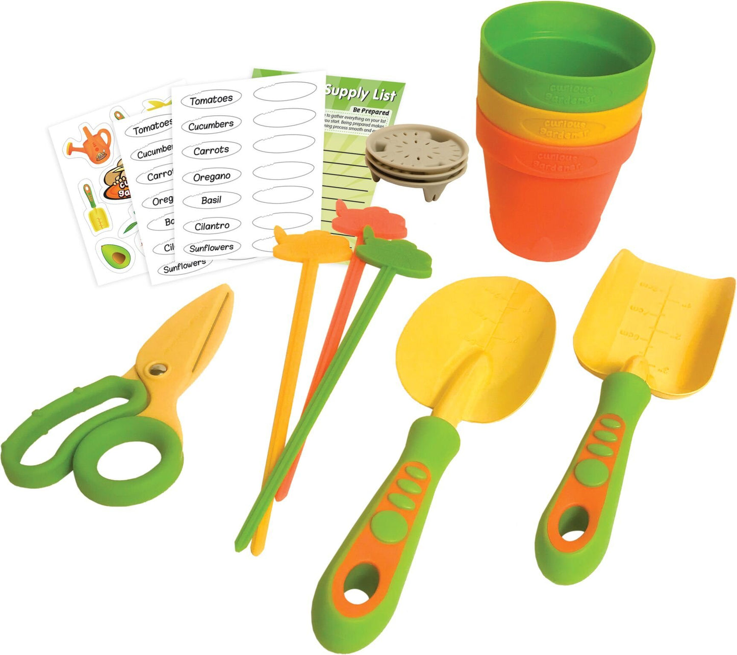 Curious Gardener 12 Piece Gardening Tool Set for Kids Ages 4-8 Years - Grower's Set - Includes Trowel, Shovel, Shears, 3 Nursery Pots, 3 Markers,