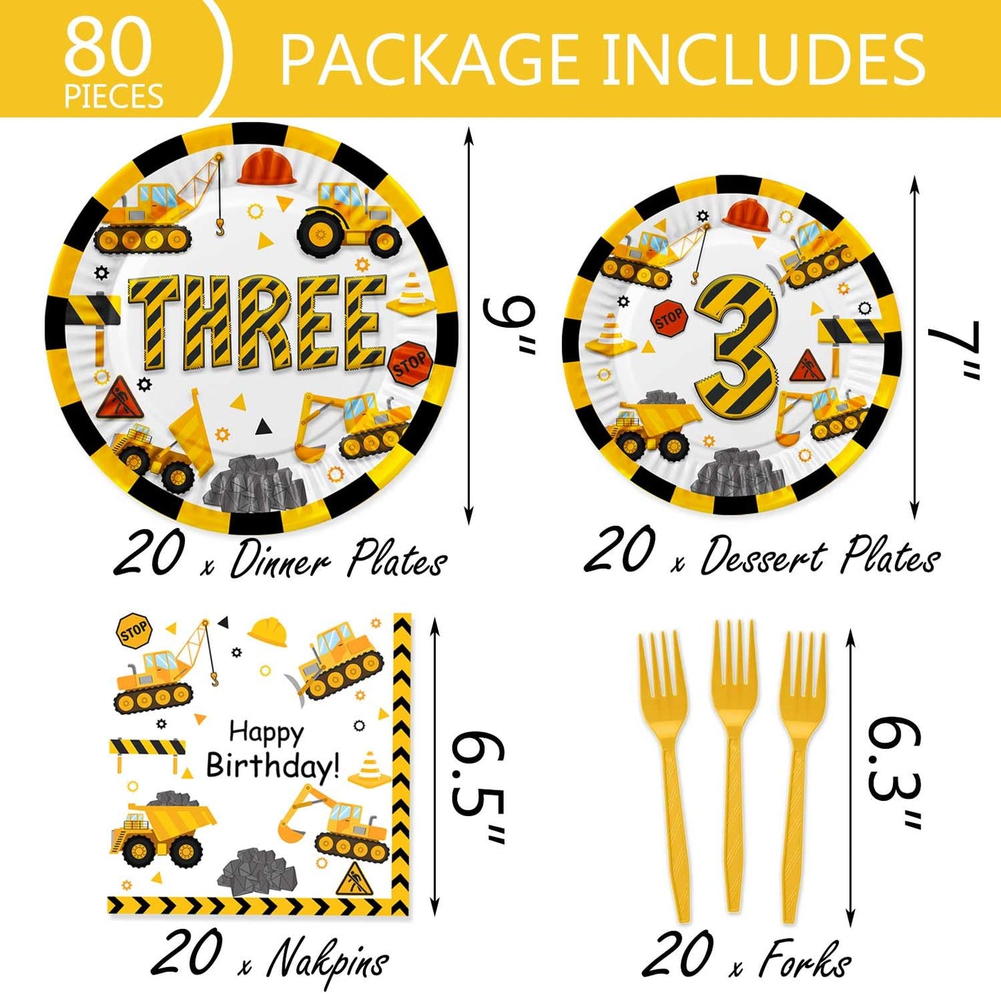 Letromp 80 Pcs Construction 3rd Birthday Decorations Construction Three Years Old Disposable Paper Dinner Plates Napkins Forks Dinnerware for Dump