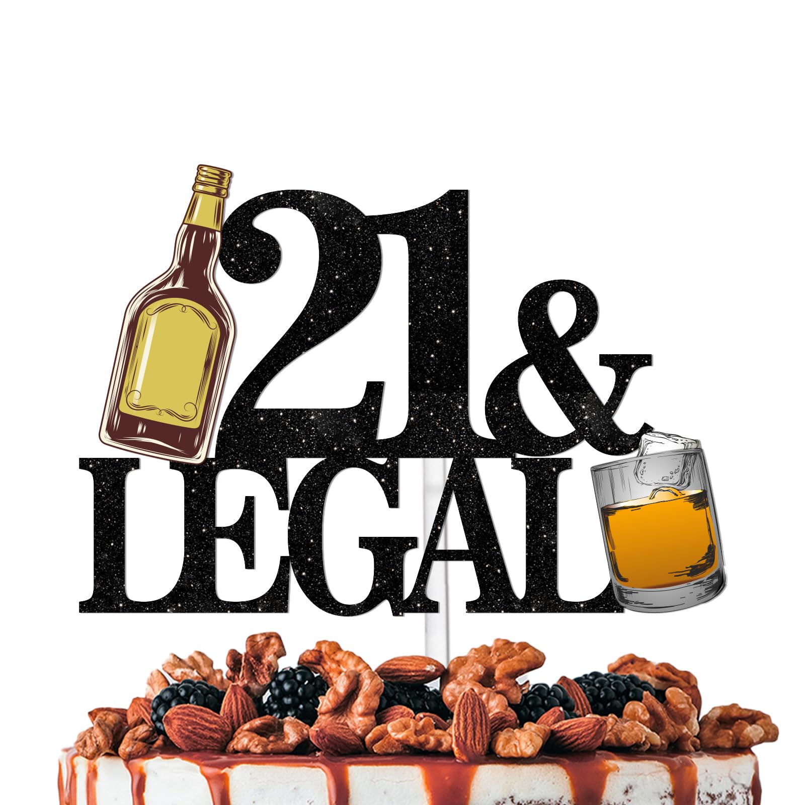 Black Glitter Whiskey Cake Topper Cheer to 21 Legal Theme Party Decoration Supplies Men Boys Happy 21st Birthday Party Decor Supplies