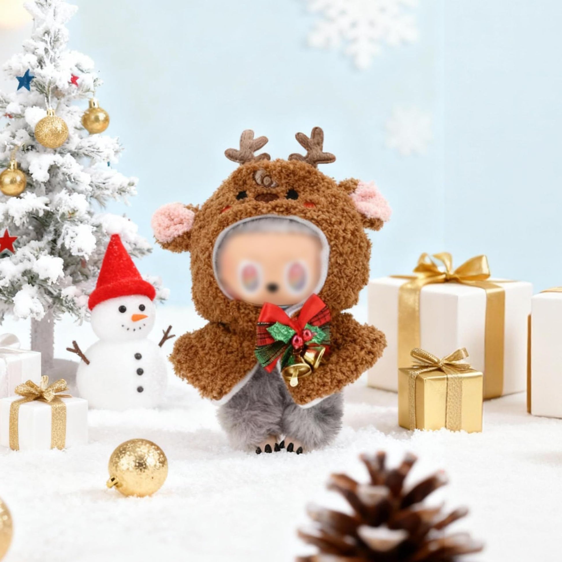Evowatt Reindeer Cloak Clothes for Labubu Dolls - 17 cm Christmas Cape Outfit with Festive Accessories, Cute Holiday Costume for Labubu Figures (No