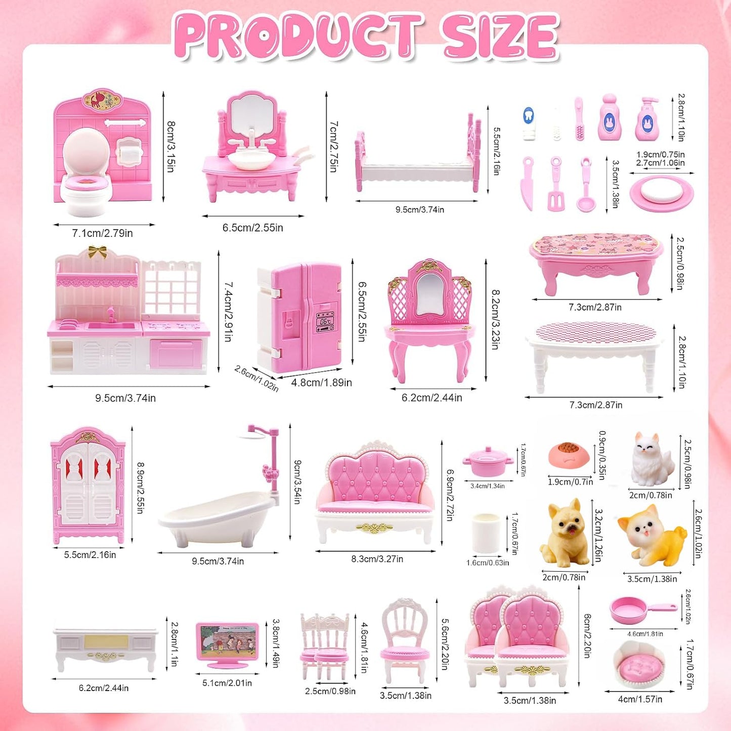 36Pcs Dollhouse Furniture Sets,Miniature 1:12 Scale Doll House Accessories and Furniture with Cat,Dog,Kitchen, Dining Room, Living Room,Bedroom