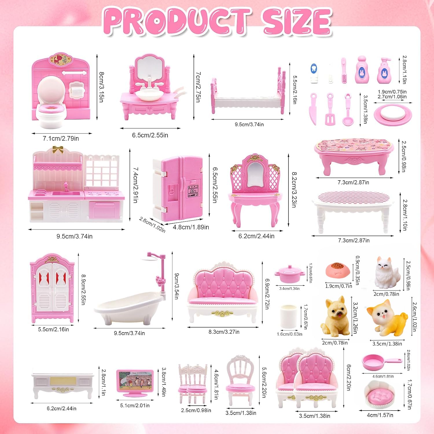36Pcs Dollhouse Furniture Sets,Miniature 1:12 Scale Doll House Accessories and Furniture with Cat,Dog,Kitchen, Dining Room, Living Room,Bedroom