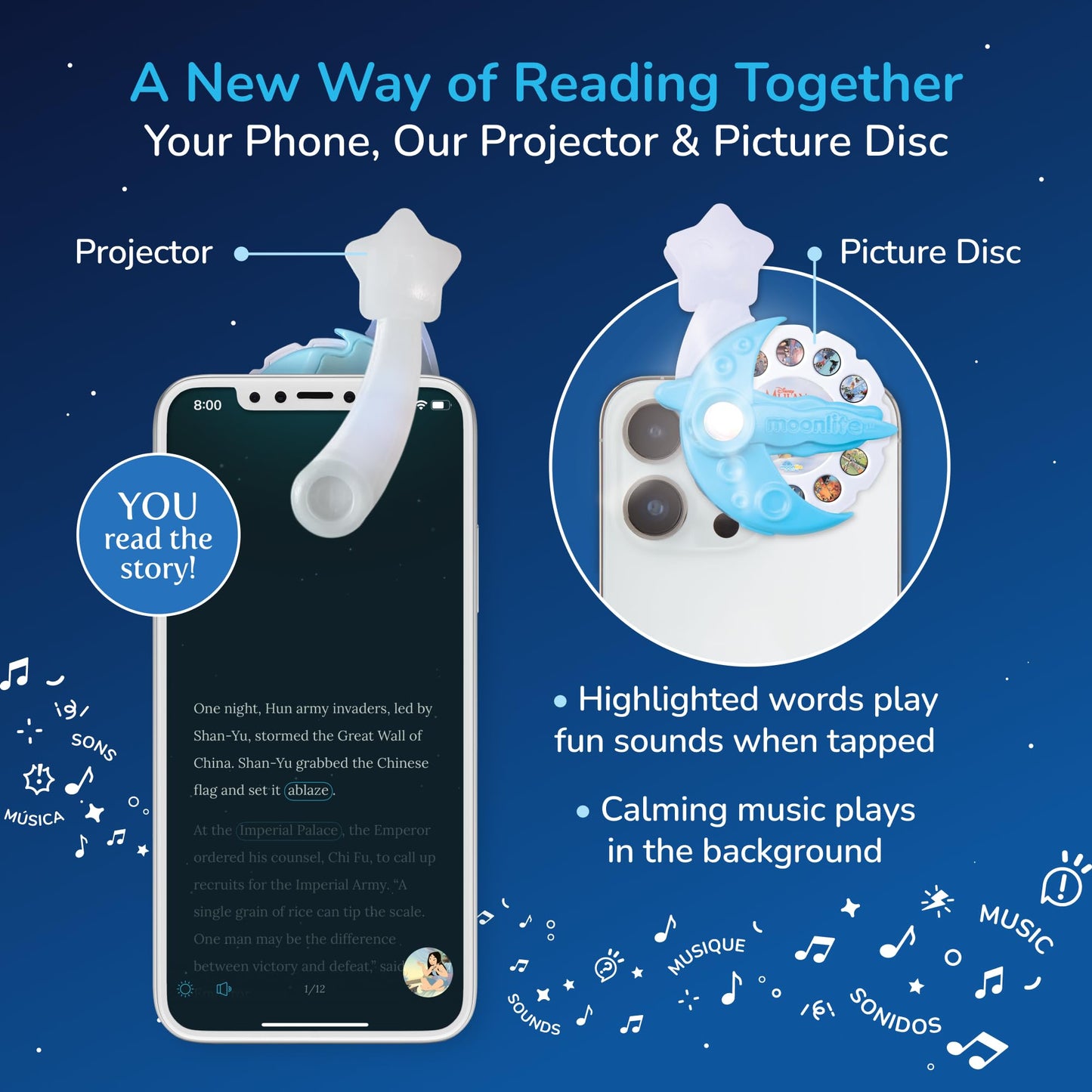 Moonlite Storytime Starter Pack with Smartphone Projector, Picture Disc and Four Stories, Ideal for Bedtime, Storytime and Family Travel - Disney