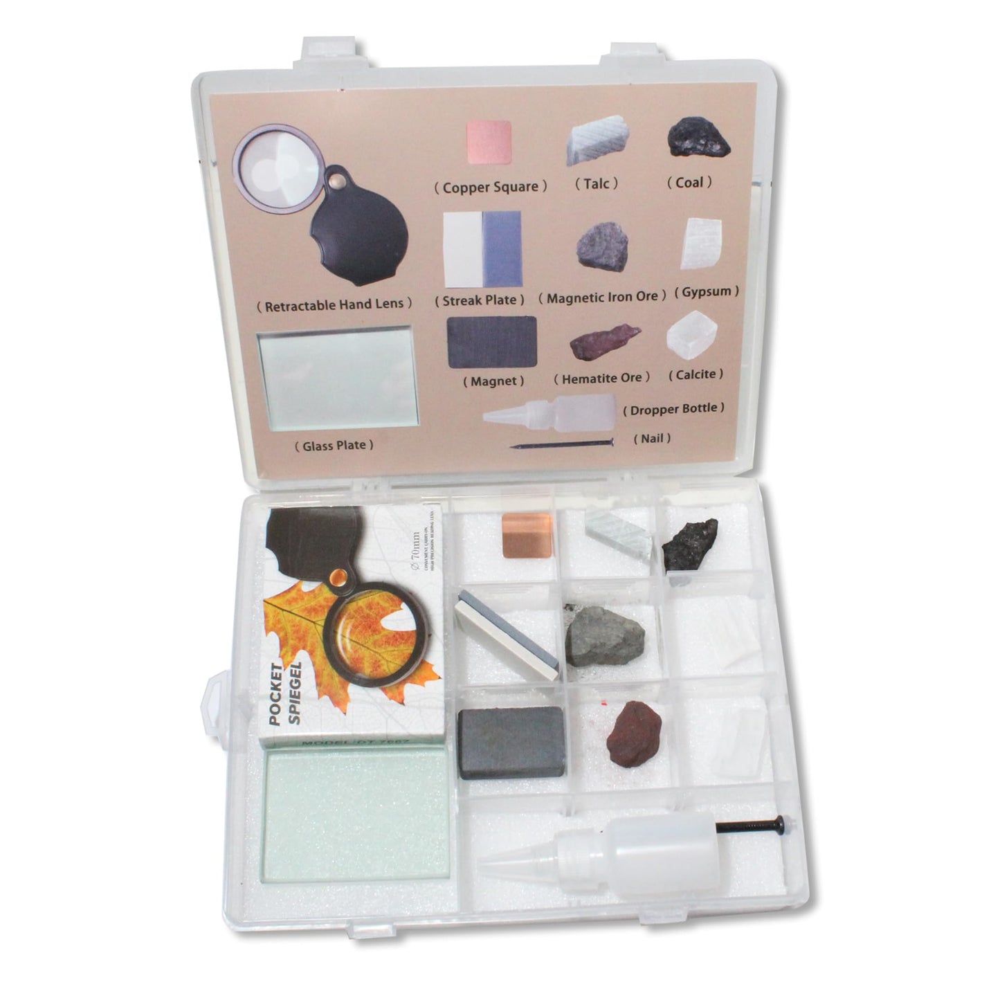 GeLaozee Mineral ID Kit - 13 Pieces - Includes Dropper Bottle, Streak Plate, Glass Plate, Magnet, Nail, Copper Sheet, Retractable Hand Lens, Rock