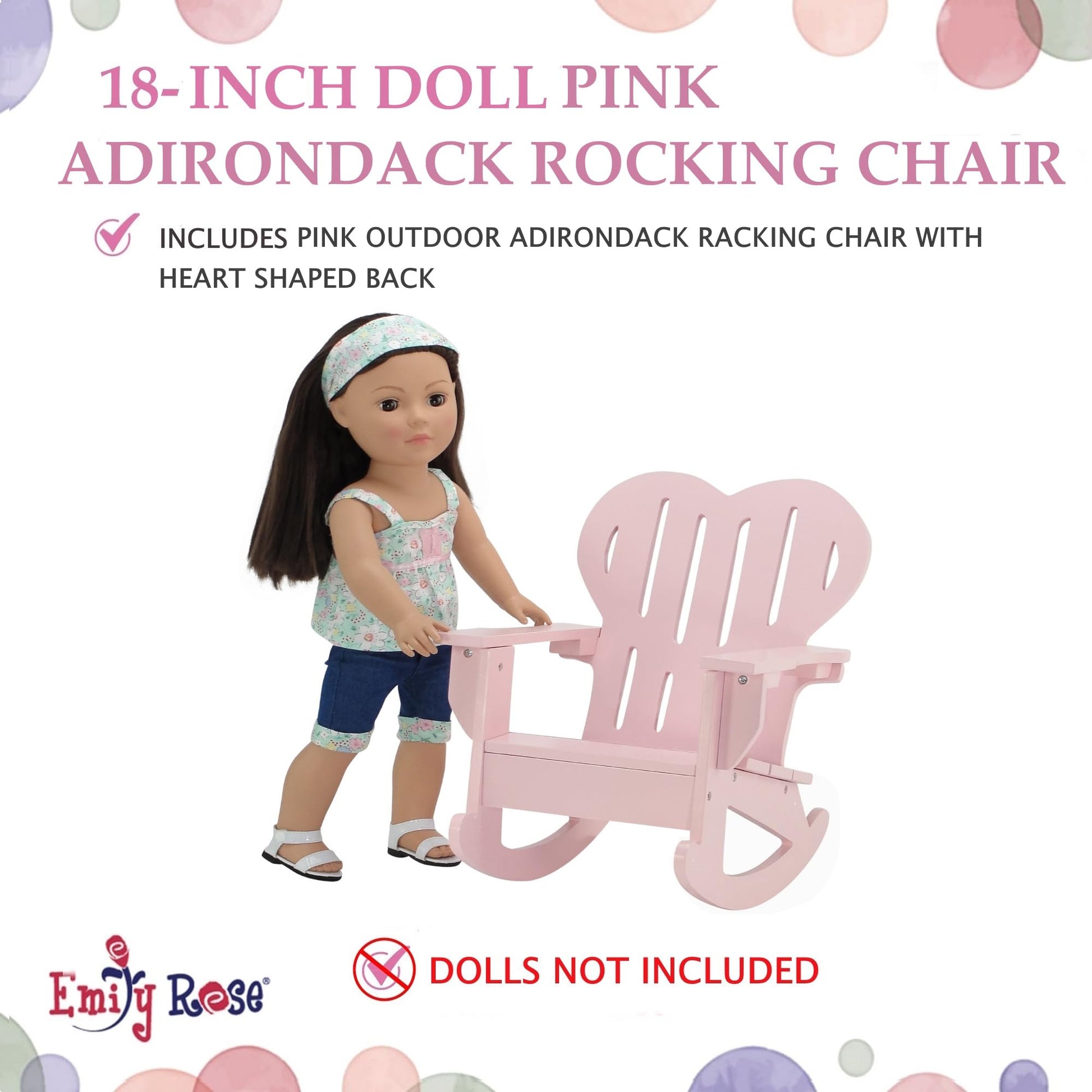 Emily Rose 18" Doll Adirondack Rocking Chair - Pink Wooden Heart-Back Design Furniture with Smooth Rocking Motion - USA Brand - Compatible