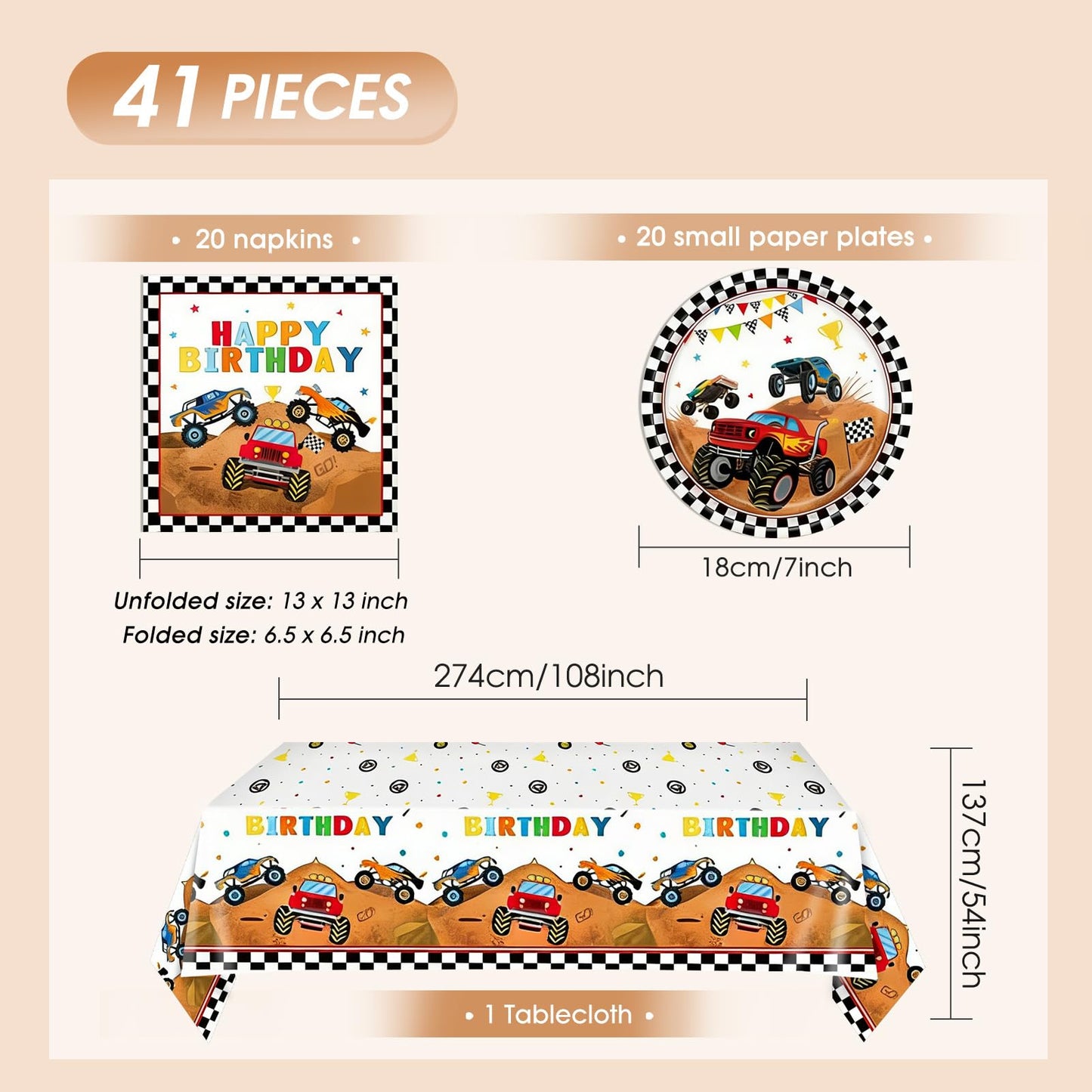 Monster Truck Birthday Decorations, 41Pcs Fun Monster Truck Party Supplies Tableware Include Kids Birthday Paper Plates Napkins and Tablecloths Set