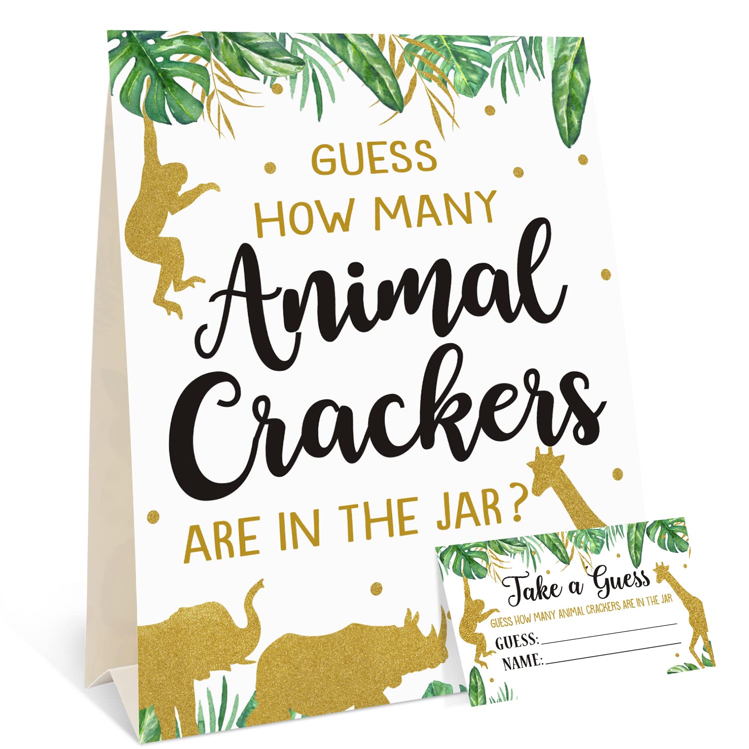 Bessmoso Safari Baby Shower Game - Guess How Many Animal Crackers, Jungle Theme Baby Shower Games with Standing Sign and 30 Cards, Gender Neutral Baby