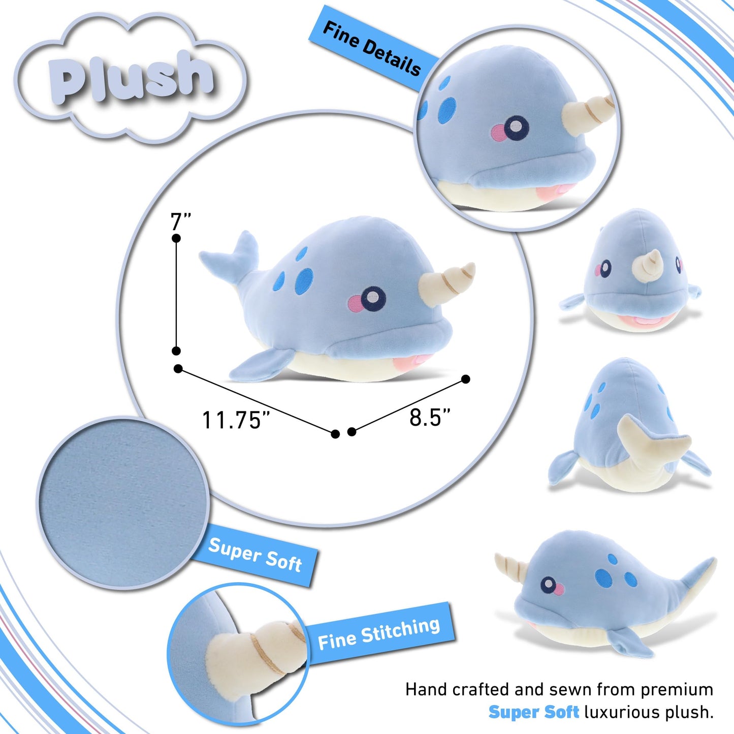 DolliBu Blue Narwhal Baby Soft Plush Toy, Newborn Babies First Stuffed Animal Cuddle & Snuggle Toys, Toddler's Huggable Best Buddy, Fluffy Teddy Bear