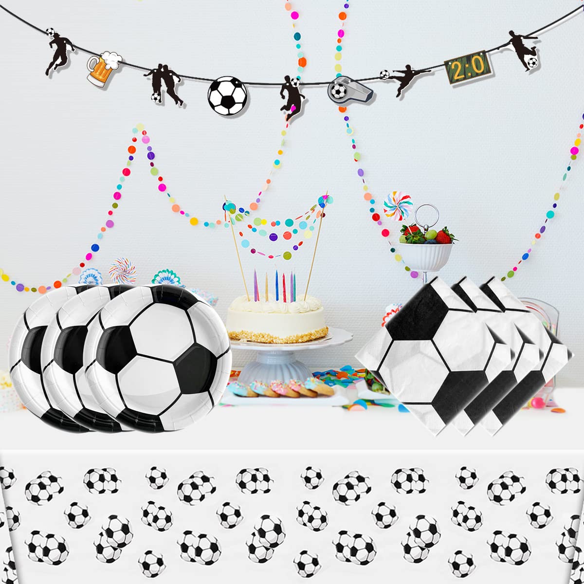 Soccer Party Tableware ,16 Plates and 16 Napkins and Tablecloth 71 '' x 42 ''Soccer Sports Themed Birthday Decorate Supplies