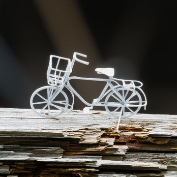Miniature White Metal Bicycle Model: Vintage Style Bike with Basket & Details for Dollhouse Decor, Fairy Garden, Adult Collector