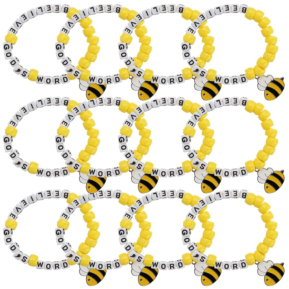 Fun Express Bee-Lieve God's Word Pony Bead Bracelet Craft Kit - DIY Kids Bracelet Craft Set for 12 Includes Inspirational Bible Verse Beads Perfect