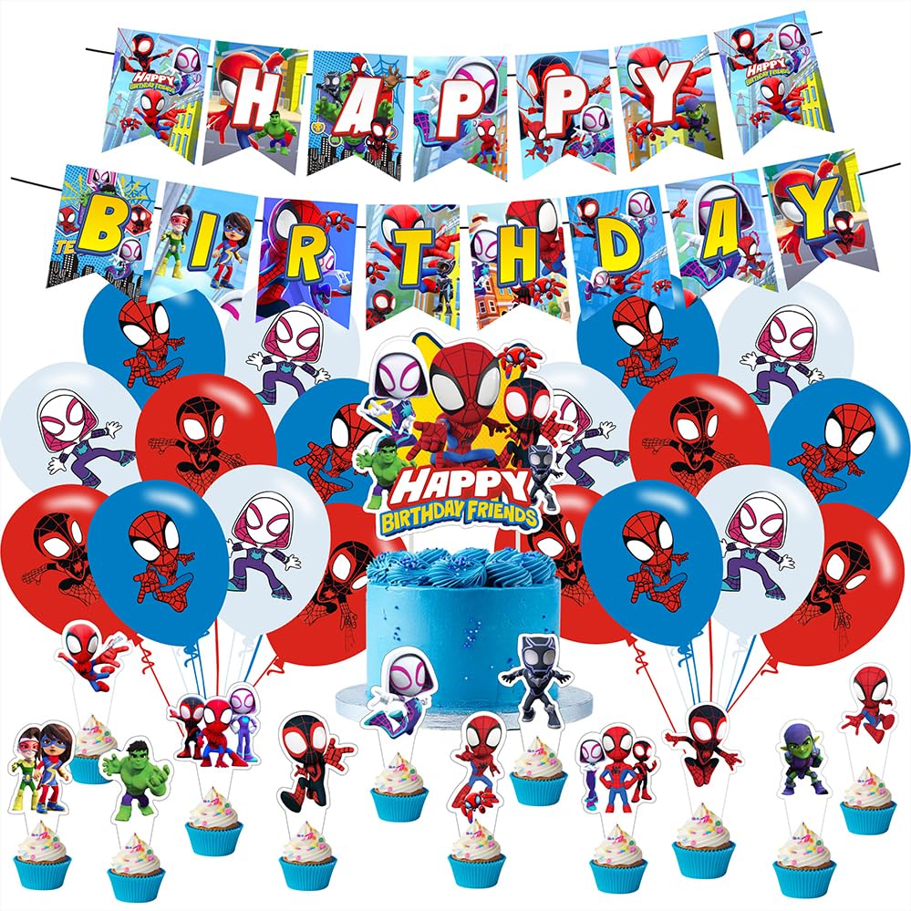 Spider and His Friends Birthday Decorations,Spider and His Friends Party Supplies Include Happy Birthday Banner, Cake Topper and Cupcake Toppers