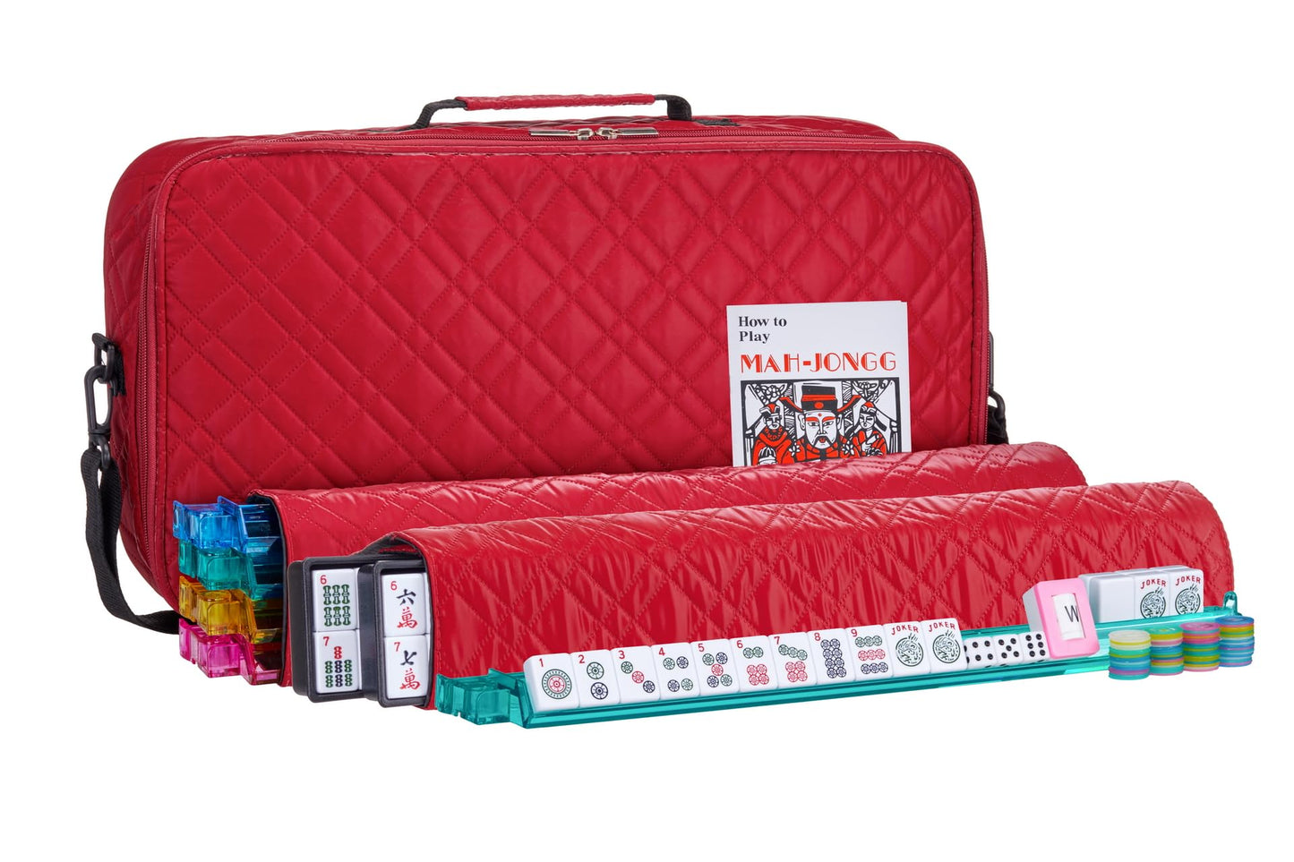 American Mahjong Set “Red" - Quilted PU Leather Carrying Bag with Shoulder Strap & Handles, All-in-One Tile Racks with Pushers, 166 Engraved Tiles