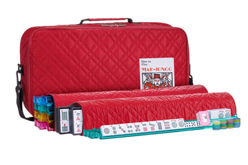 American Mahjong Set “Red" - Quilted PU Leather Carrying Bag with Shoulder Strap & Handles, All-in-One Tile Racks with Pushers, 166 Engraved Tiles