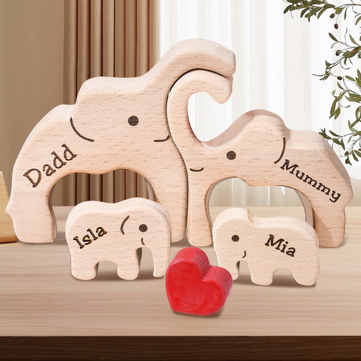 Personalized Bear Family Wooden Art Puzzle, Wooden Bear Jigsaw Puzzle with Heart, Customized Gift for Mom Dad Home Decoration (Popular Elephant Gift)