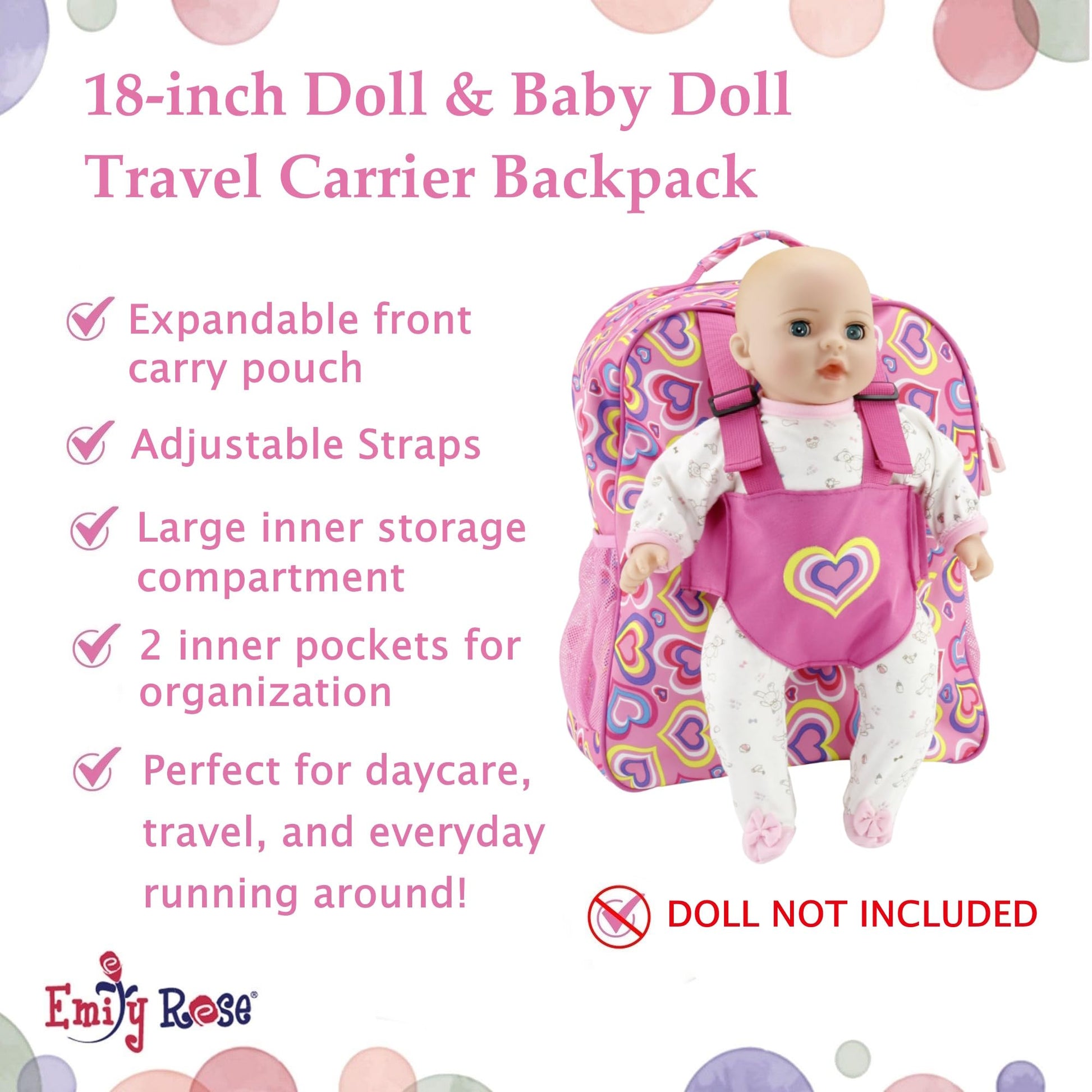 Emily Rose Kids Daypack Overnight Backpack 18-inch Doll Travel Carrier Includes Carry Pouch for Baby Dolls/Stuffed Animals | Little Girls Back Pack