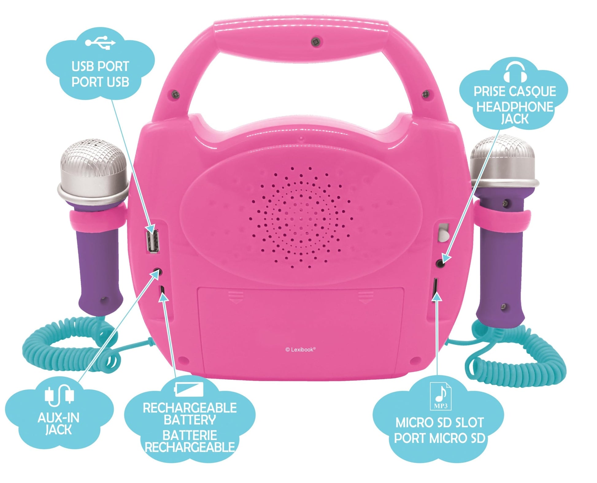 LEXiBOOK Unicorn - Portable Karaoke Digital Player for Kids - Microphones, Light Effects, Bluetooth, Record and Voice Changer Functions, Rechargeable