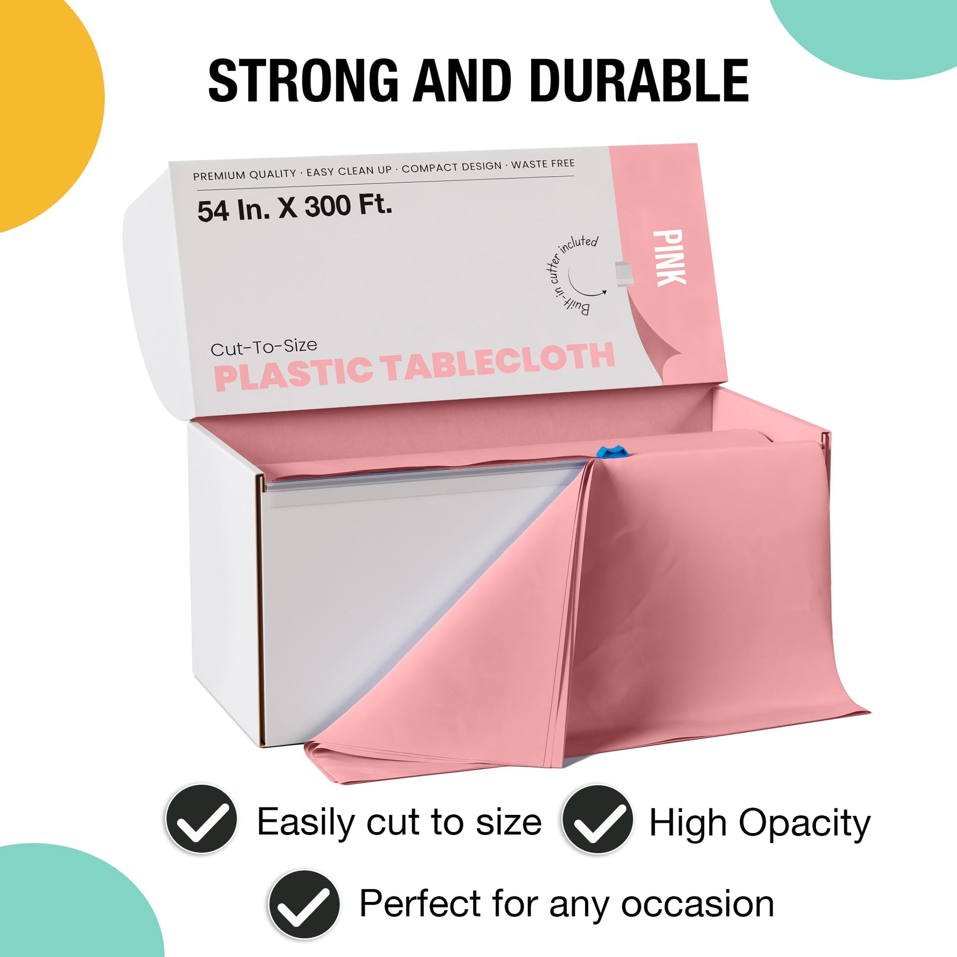 Exquisite Party Solids 54 Inch X 300 Feet Pink Plastic Table Cover Roll in A Cut - to - Size Box with Convenient Slide Cutter. Cuts Up to 36 Rectangle