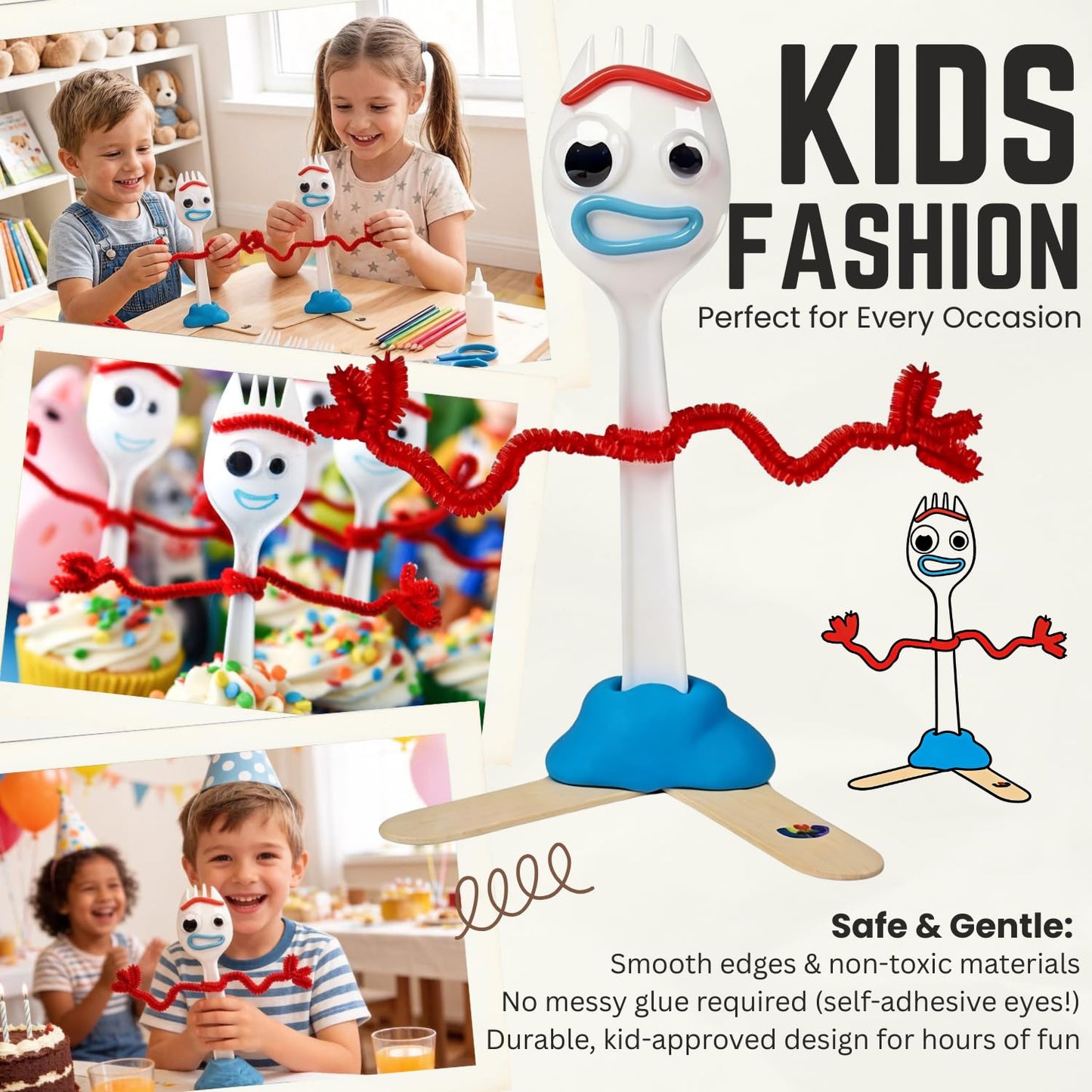 Fork Creativity Set, 100 Sets Forky DIY Creative Crafts Pack Plastic Sporks Red Pipe Cleaners Googly Eyes Popsicle Stick