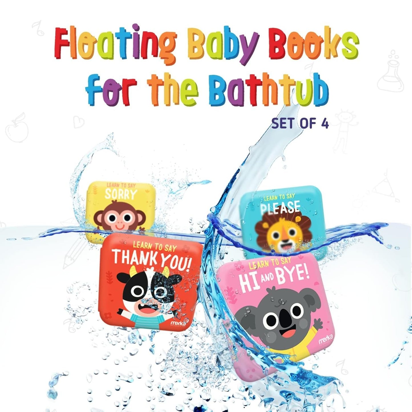merka Baby Bath Books for Toddlers, 4 Pack Waterproof Bathtime Books, Bath Toys Floatable in Bathtub, Learn to Say Thank You, Sorry, Hi Bye, Please