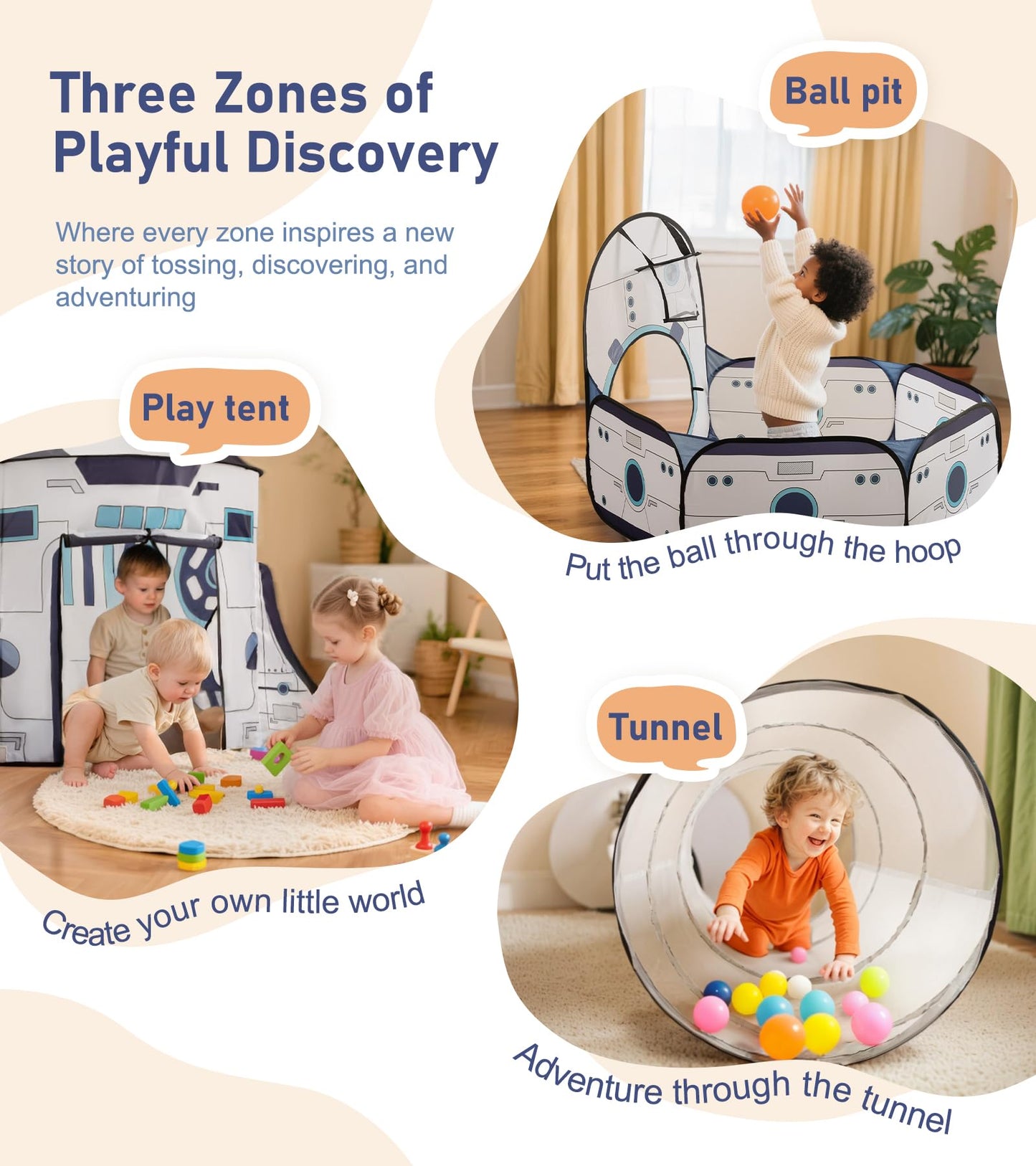 Little Dove Kids Play Tent with Tunnel & Ball Pit, 3-Piece Pop Up Rocket Ship Tent Set, Indoor Outdoor Playhouse for Boys & Girls, Pretend Play Toy