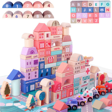 CICITOYWO Wooden Building Blocks Set Wood Kids Construction Stacker Stacking Preschool Learning Educational Preschool Toys Kit for Toddler 3+ Year Old