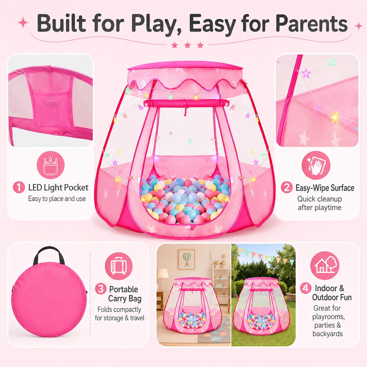 TIKTENT Pop Up Princess Tent with Star Lights, Toddler Toys for Girl Gift
