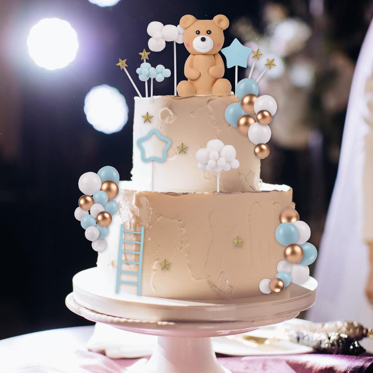 46 PCS 3D Bear Balls Cake Toppers Brown Teddy Bear for Birthday Party Wedding Baby Shower Supplies(Blue)