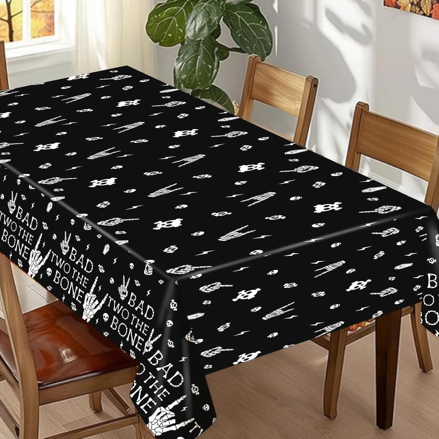 Ertyjikg 3 Pcs Bad Two The Bone Tablecloth Rock Roll 2nd Birthday Party Decorations Plastic Skull Tablecover Backdrop Background Banner for 2nd