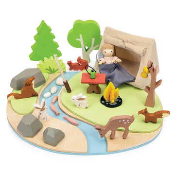 Tender Leaf Toys - Wildlife Camping Playset - Wooden Doll Sized Camping Set with Tent, Campfire, Fishing Rod & Accessories - Imaginative Play Set
