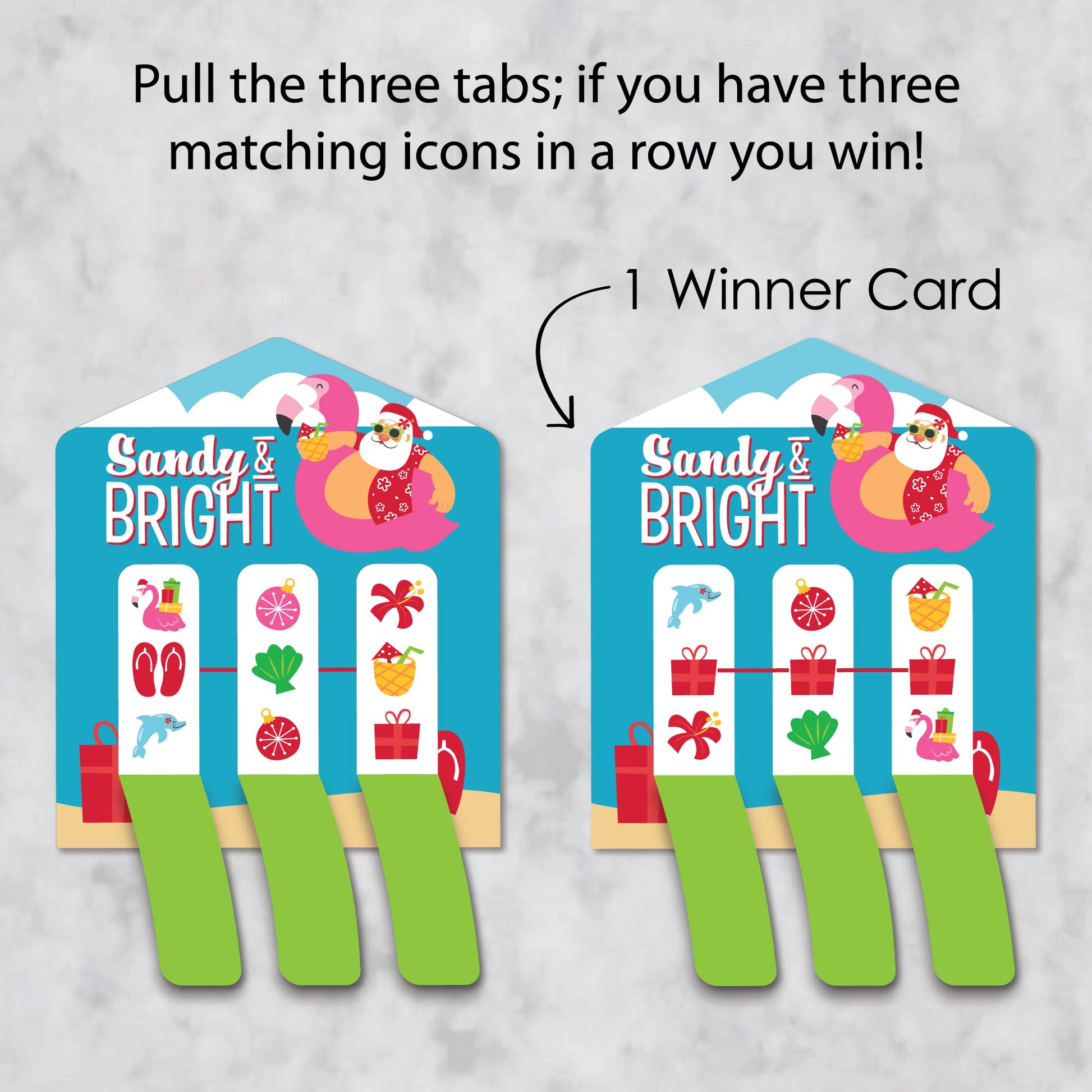 Big Dot of Happiness Tropical Christmas - Beach Santa Holiday Party Game Pickle Cards - Pull Tabs 3-in-a-Row - Set of 12