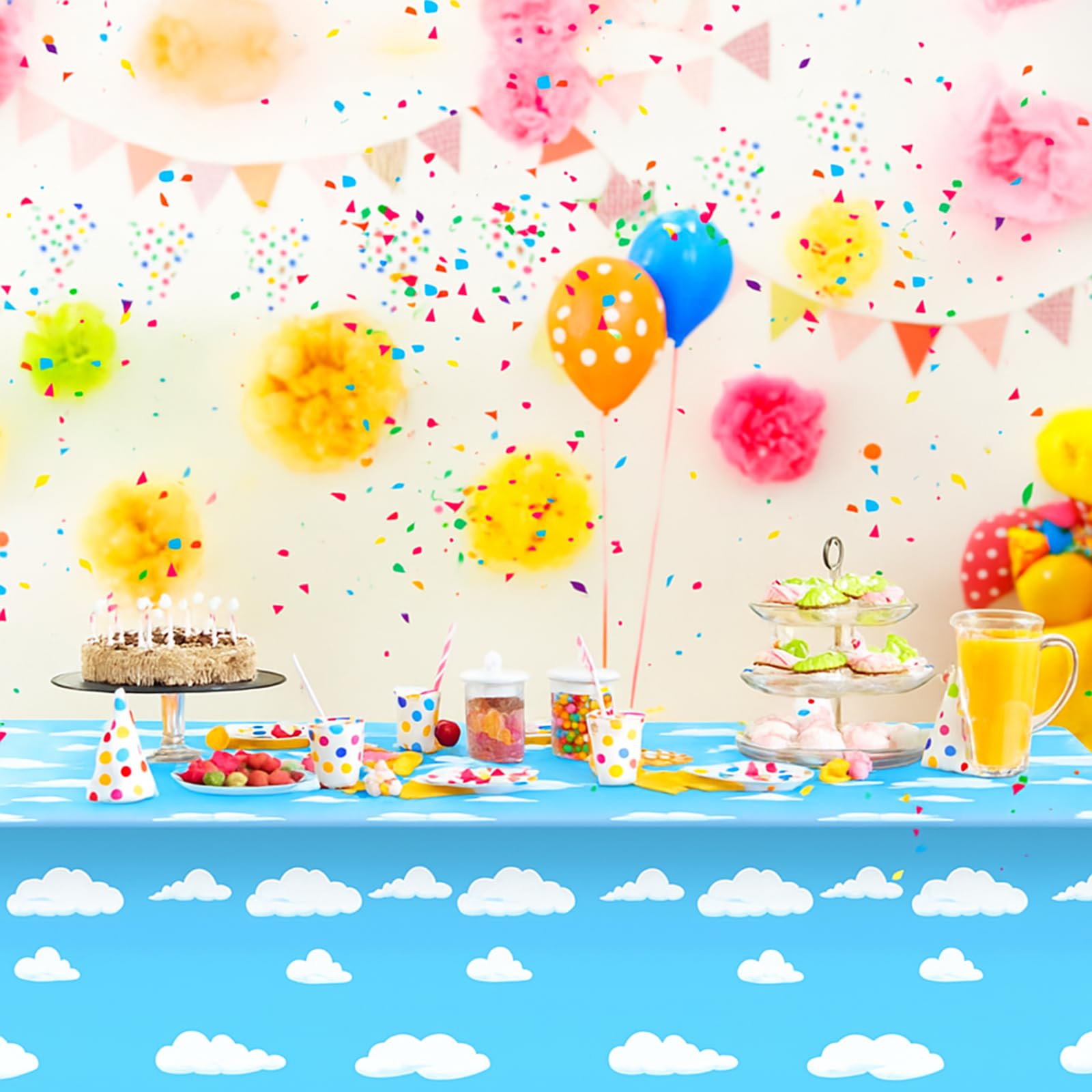 Tatuo Blue Sky White Clouds Birthday Party Supplies Cartoon Story Tablecloth Party Table Cover Cartoon Table Banner for Birthday Decorations, 54 x 108