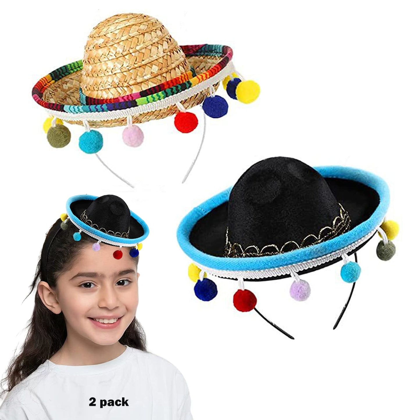 SEIHDHIK 2 PCS Mini Sombrero Headbands, Small Fabric Mexican Sombrero Hats,Straw Mexican Sombrero Hats with Ball Fringe for Mexican Themed Party