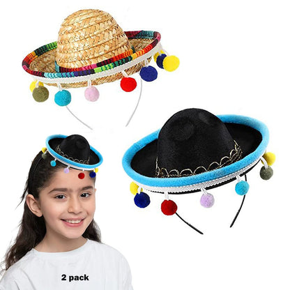 SEIHDHIK 2 PCS Mini Sombrero Headbands, Small Fabric Mexican Sombrero Hats,Straw Mexican Sombrero Hats with Ball Fringe for Mexican Themed Party