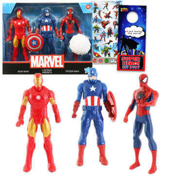Avengers Action Figure Set - 3 Pack Bundle of Marvel Action Figures: Iron Man, Spiderman & Captain America, Stickers, More | Avengers Figurines Set