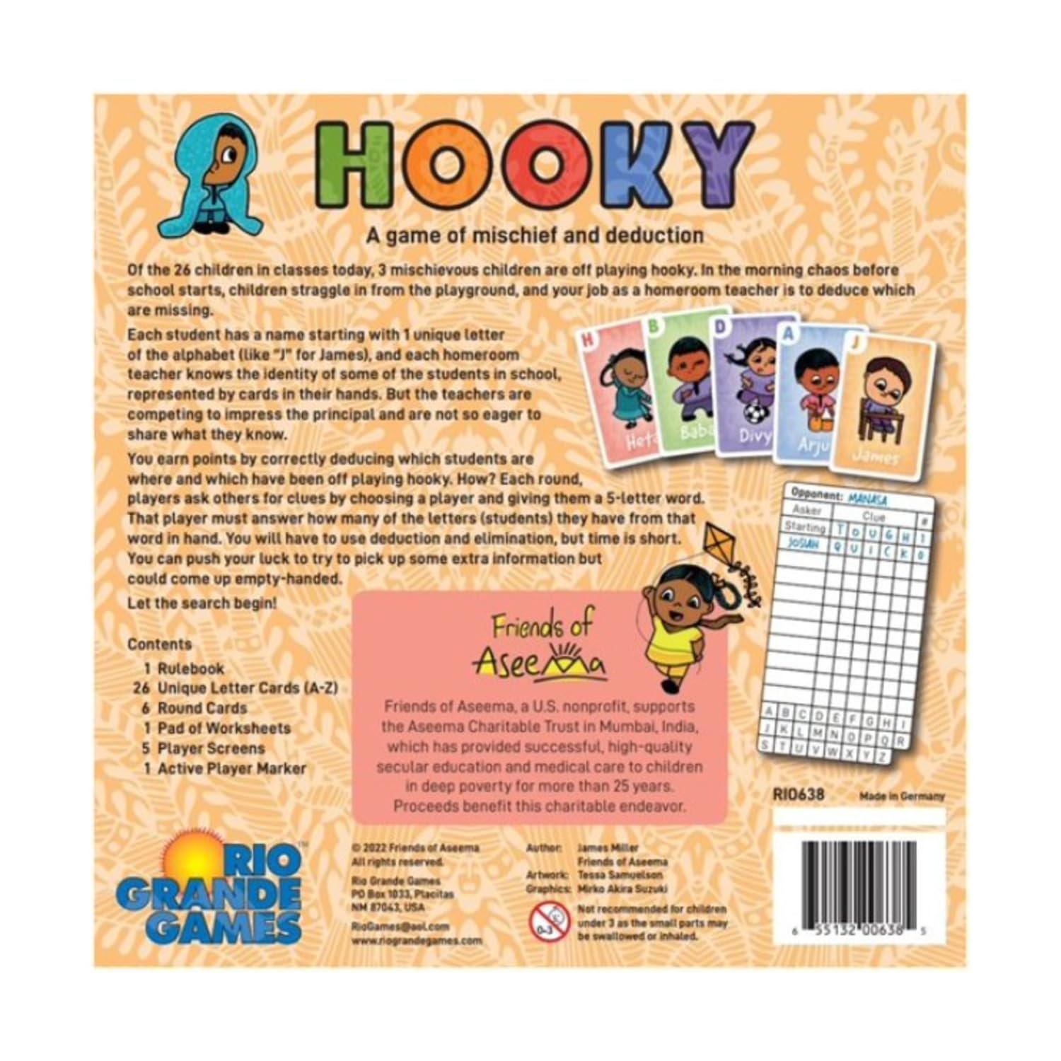 Hooky - Rio Grande Games, Friends of Aseema, A Game of Mischief & Deduction, 3-5 Players, 30-60 Min, Ages 14+