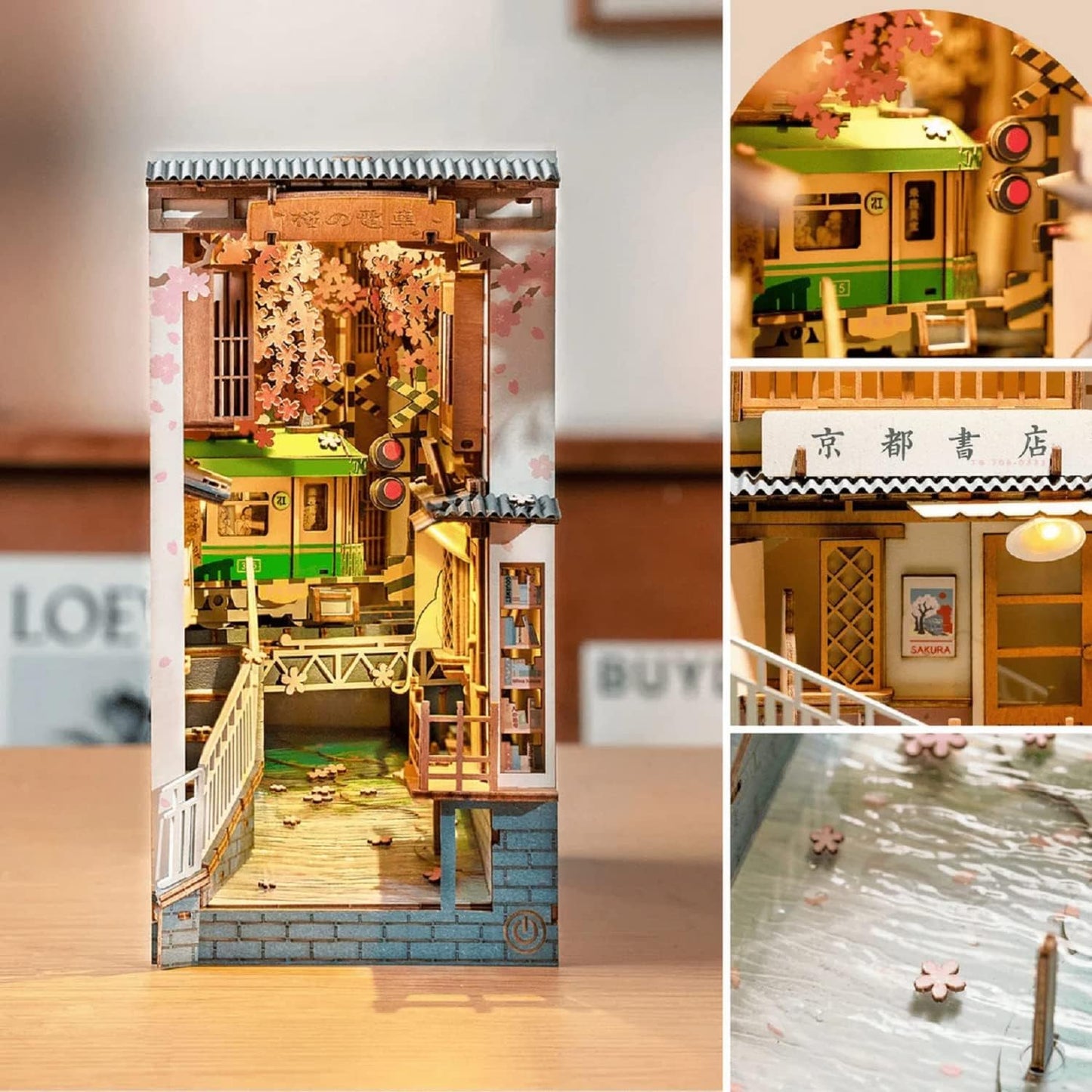 Rolife DIY Book Nook Kit Sakura Densya, DIY Miniature Booknook Kit Creative Decorative Bookend Bookshelf Insert 3D Puzzles for Adults