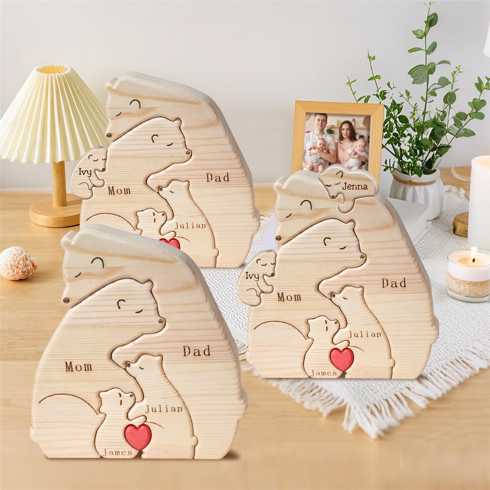 Personalized Family Name Puzzles with 2-8 Names Custom Wooden Bear Puzzle with Name Customized Wooden Puzzle Gifts for Christmas (Hug Bear)
