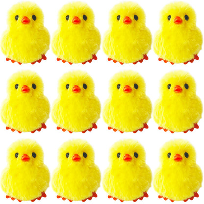 Baaxxango 12 Pcs Easter Fluffy Chicks,3.4 Inch Yellow Soft Plush Chicks Figurines,Mini Furry Chicks for Home Easter Basket Stuffers Party Favors