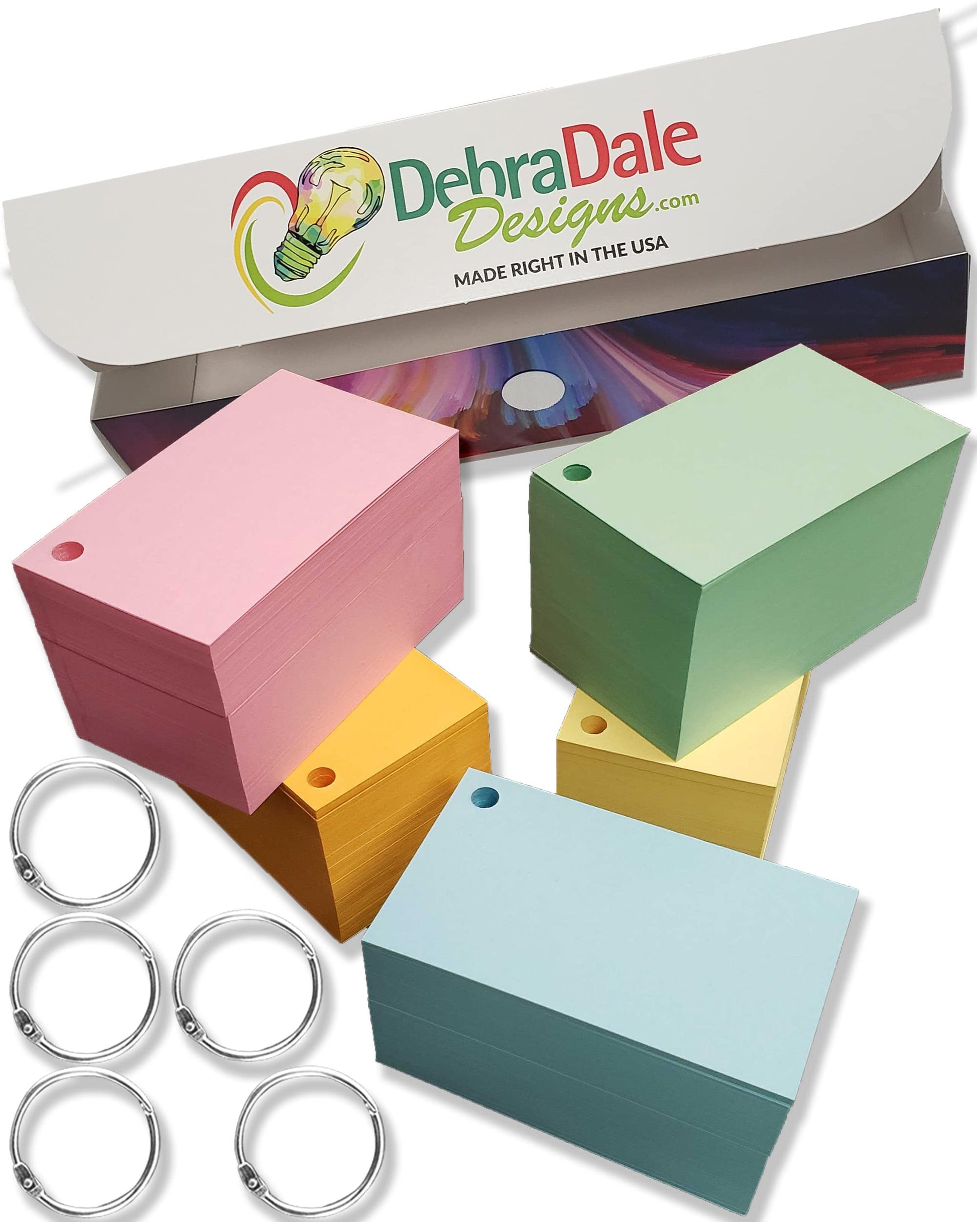 Blank Flash Cards with Rings & Box 1100 5 Colors 2x3.5 USA Made