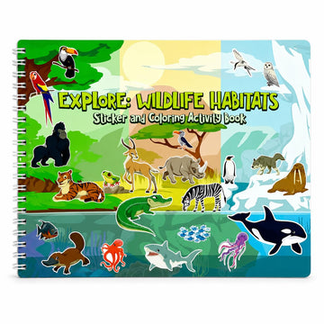 Animal Habitats Sticker and Coloring Book. 9 Habitats with Stickers and Coloring Pages. Engaging, Educational, Interactive, Fun, and Colorful.