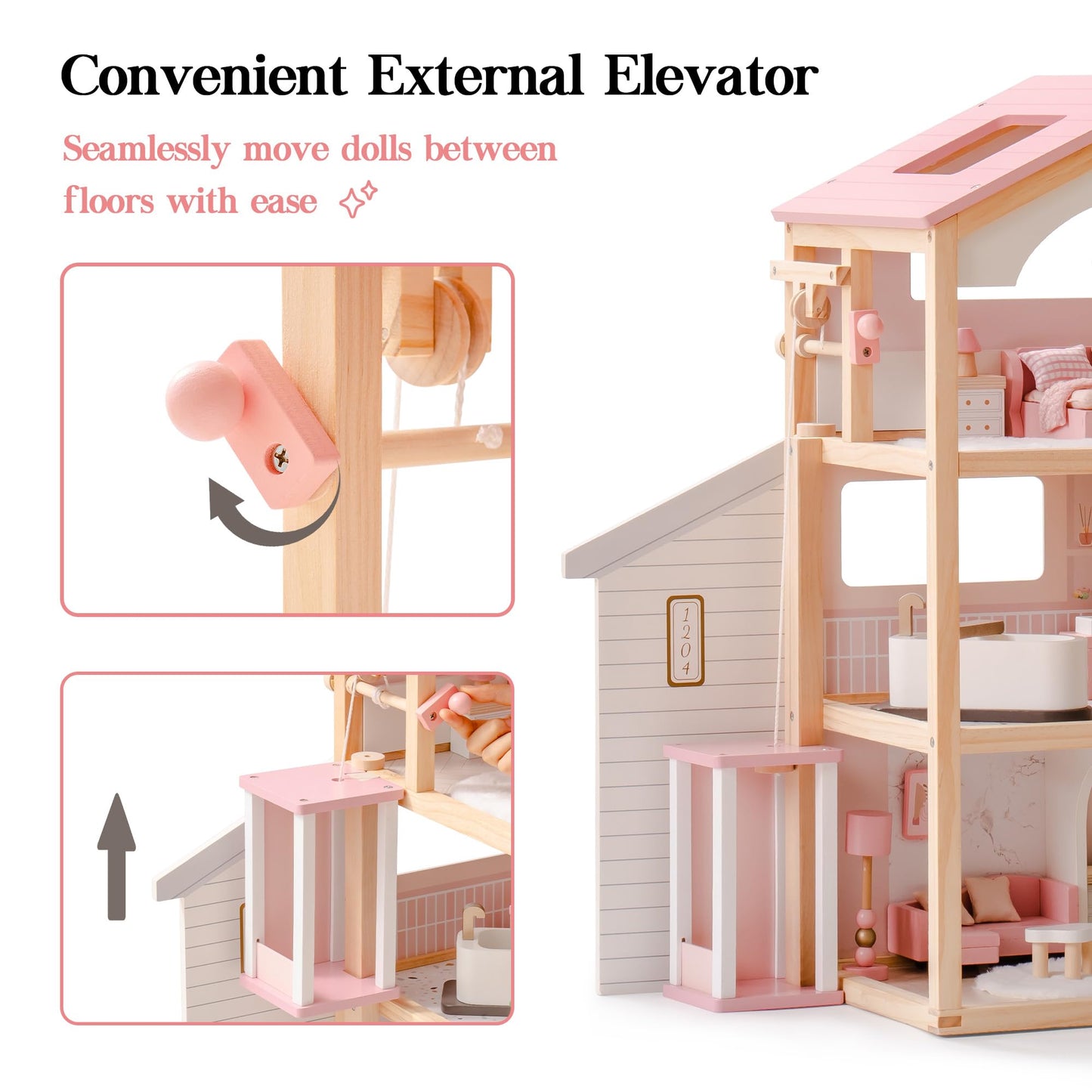 ROBOTIME Wooden Dollhouse, Doll House with 29 Pieces Furniture Set - Pool and Elevator, Wooden Doll House for 4, 5, 6-Inch Dolls, 6 Rooms Pink