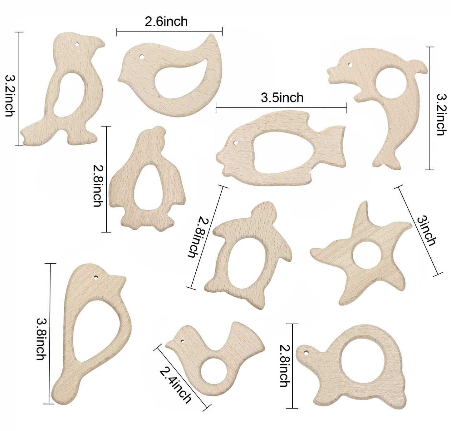 Penta Angel 10Pcs Wood Teething Rings Pain Relief Natural Wood Teething Toys Wooden Teether Animals for Infant Toddler, Turtles Swallows Dolphins