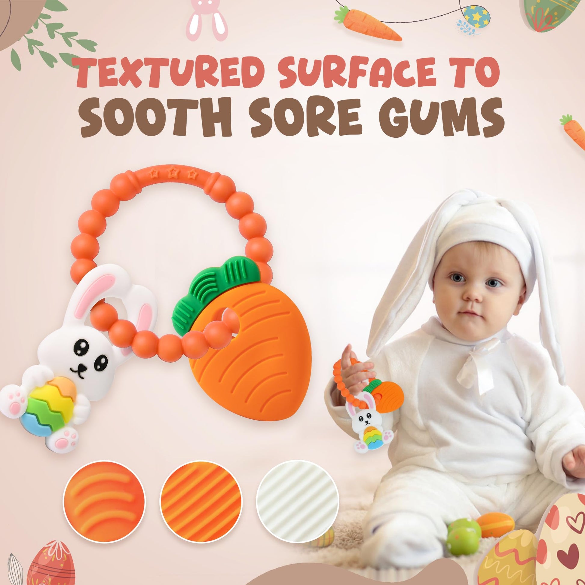 Easter Eggs Bunny Teething Toys, Easter Basket Essentials Stuffers, Silicone Easter Egg Baby Carrot Teether Toys, Baby Carrots for Baby's First Easter